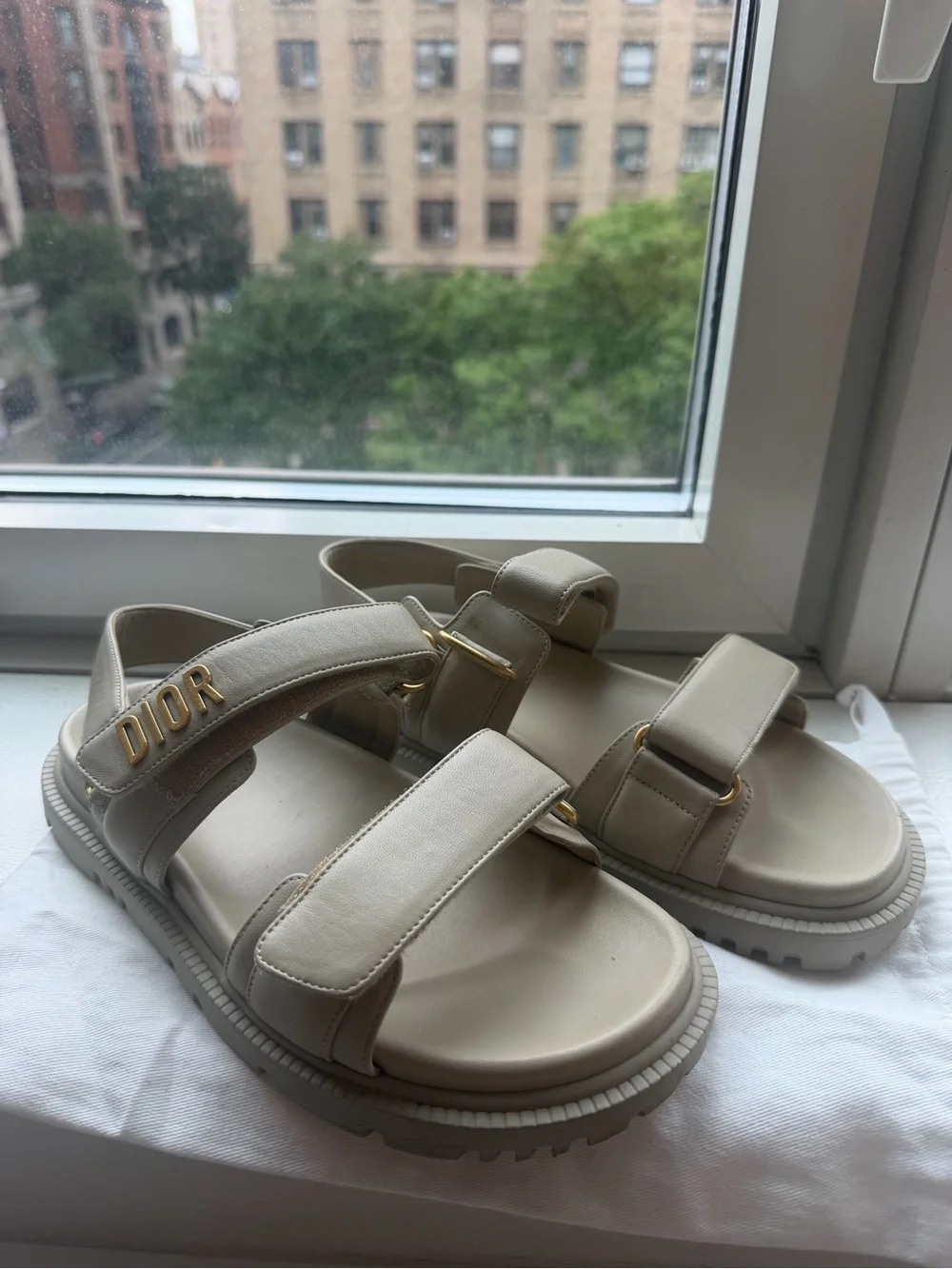 Dior Beige Leather Logo Strap Sandals with Gold Hardware